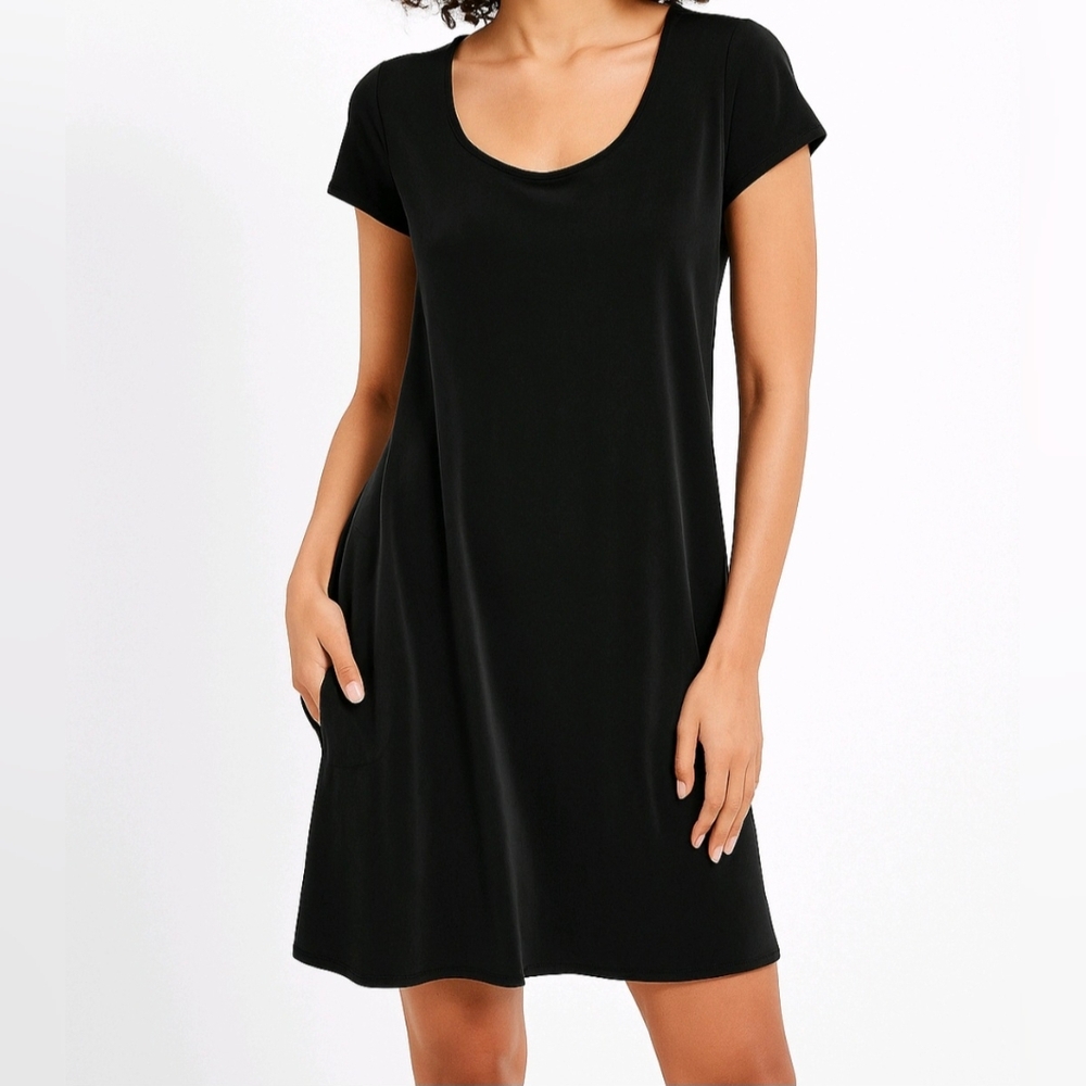 Eileen Fisher Dress Black 100% Silk Scoop Neck Cap Sleeve Mini Sheath Size M